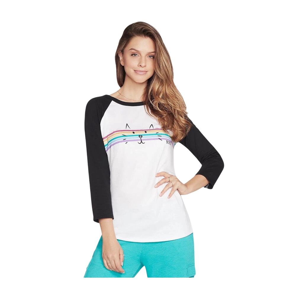 SKETCHERS BOBS Peek a Cat 3/4 Sleeve Baseball Tee White Black Multicolor NWT XL